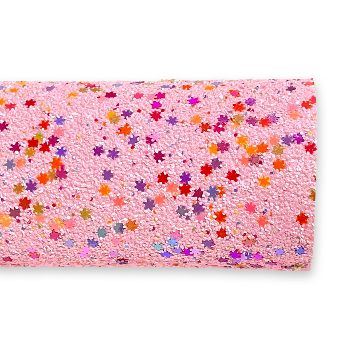 Tissu pailleté avec des flocons de neige roses