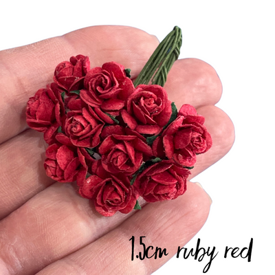 10 Pcs - Mulberry Paper Flowers - 1.5cm Rounded Petal Roses - Ruby Red