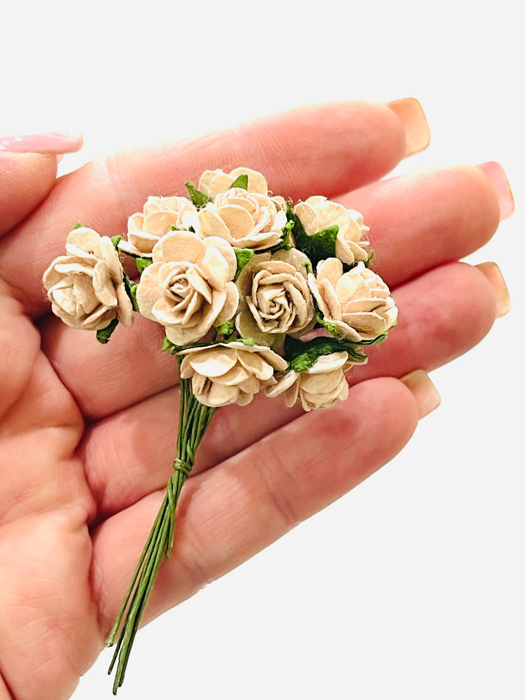 10 Pcs Champagne Beige Mulberry Paper Flowers - 1.5cm Rounded Petal Roses