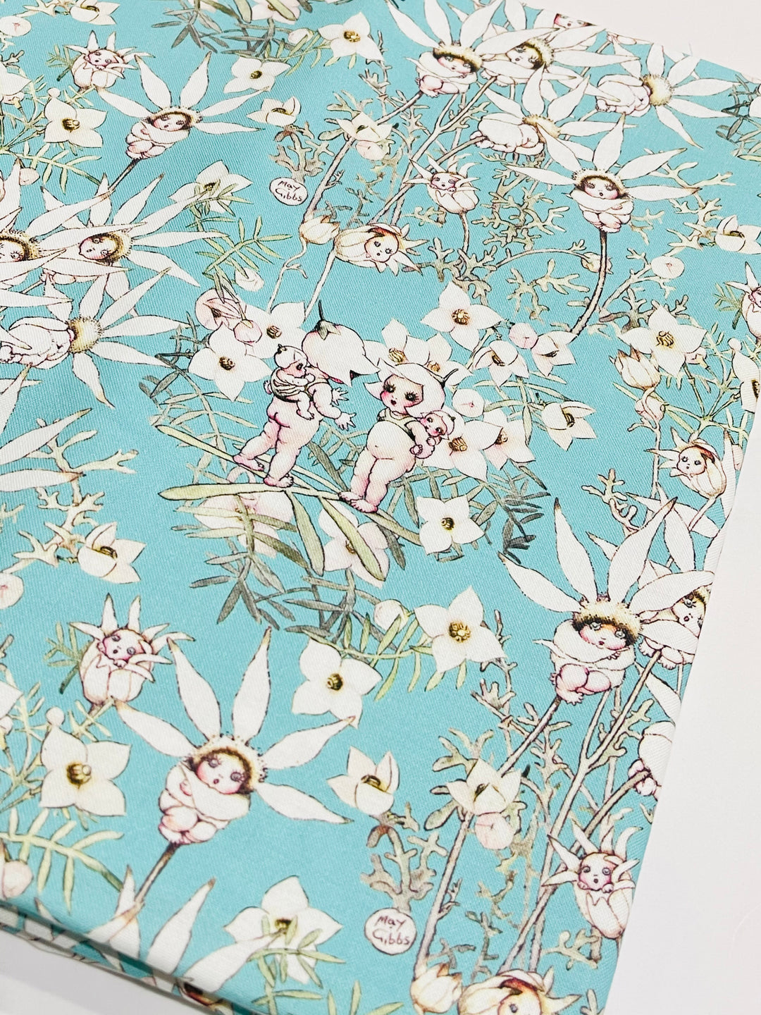 May Gibbs Bright Mint Flannel Flowers Fabric Felt -  Backed in Wool Felt