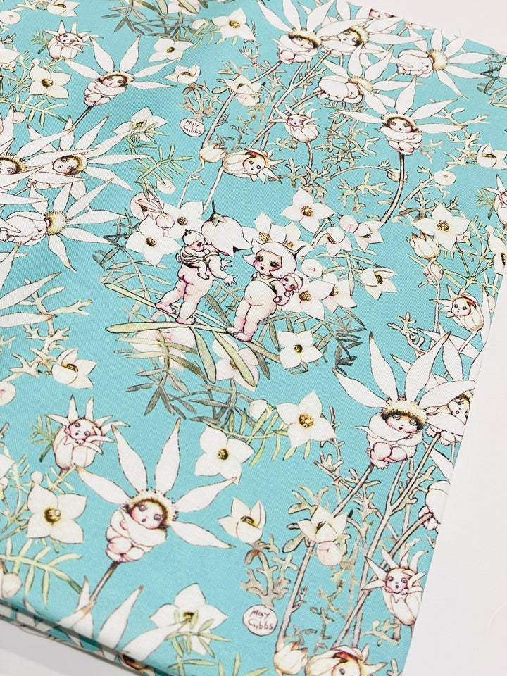 May Gibbs Bright Mint Flannel Flowers Fabric Felt -  Backed in Wool Felt