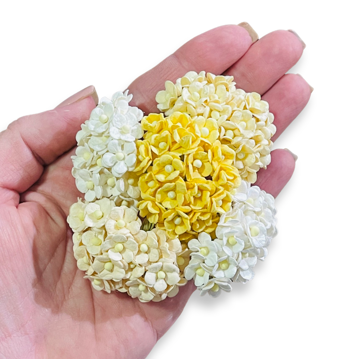 Papier de mûrier à fleurs de chérie blanc/jaune, mélange miniature de 10 mm (paquet de 5 couleurs, 100 tiges)