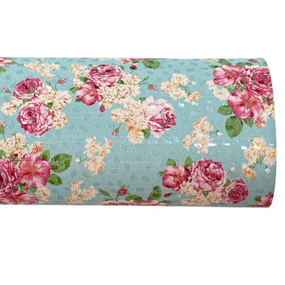 Floral Pink Roses Leatherette in Aqua Mint