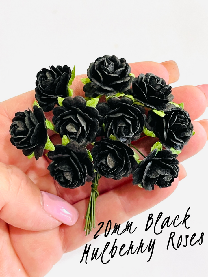 10 Pcs / 50 Pcs - Mulberry Paper Flowers - 2cm Rounded Petal Roses - Black