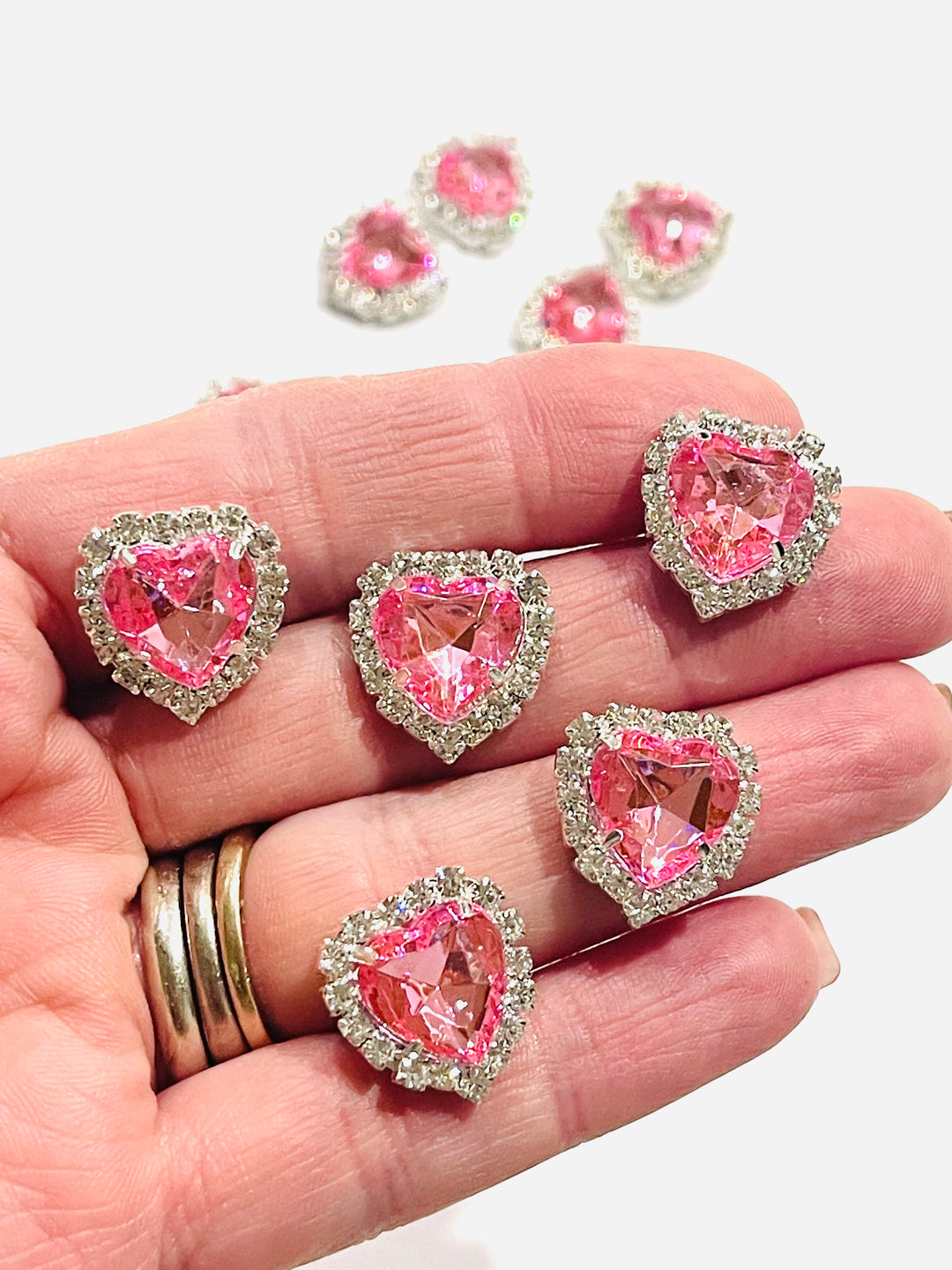 5 x Heart Shaped Rhinestone Flatback Embellishments with Silver Claw Setting - Pink