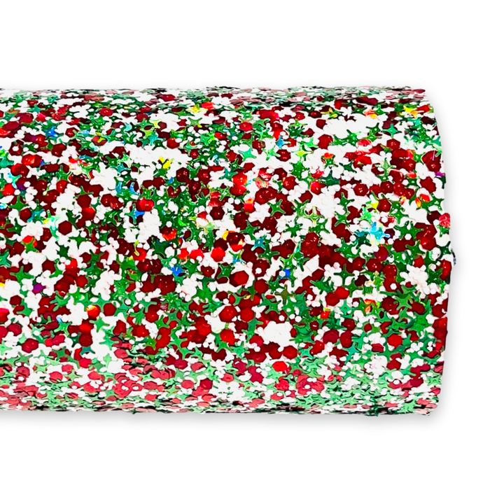 Jingle Bells Mixed Chunky Glitter Fabric Sheet - White Red and Green
