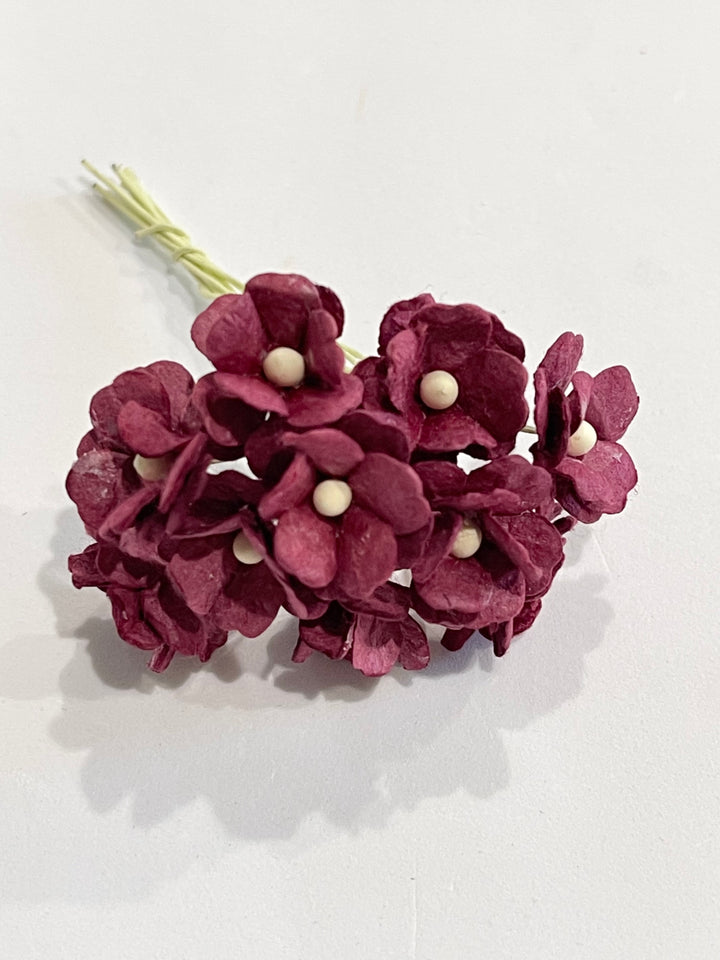 10 Pcs Mulberry Paper Flowers  1-2cm Cherry Blossoms - Burgundy