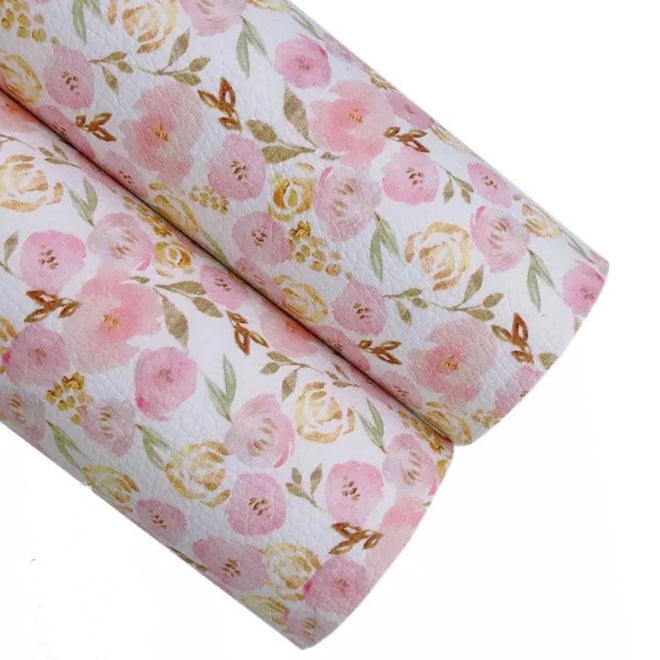 Pink and Gold Roses Floral Print Faux Leatherette Sheet