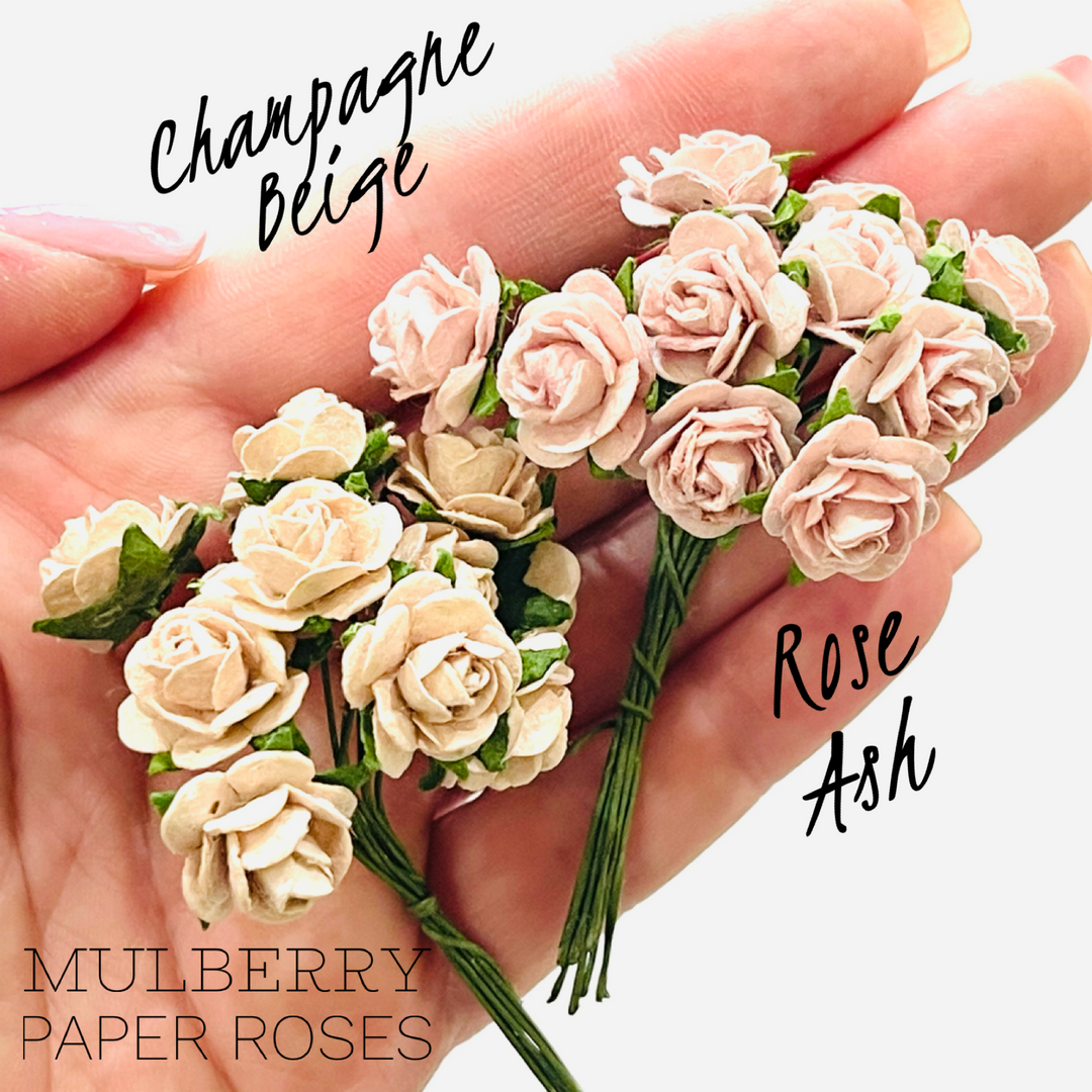 10 Pcs Champagne Beige Mulberry Paper Flowers - 1.5cm Rounded Petal Roses