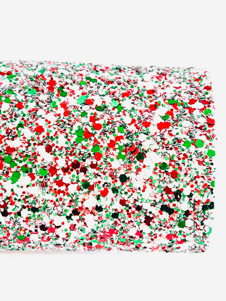 Christmas Snow Chunky Glitter Fabric Sheet - White Red and Green