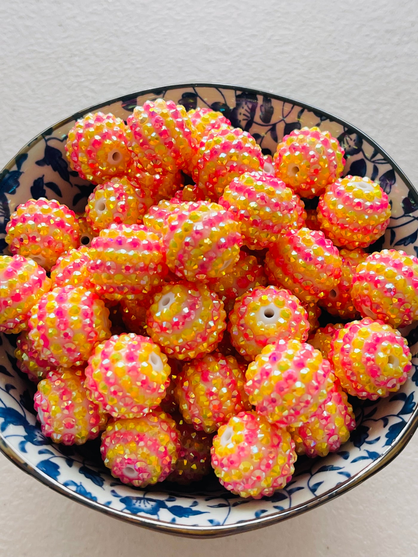 Pink and Yellow Stripe Rhinestone 20mm Bubblegum Beads