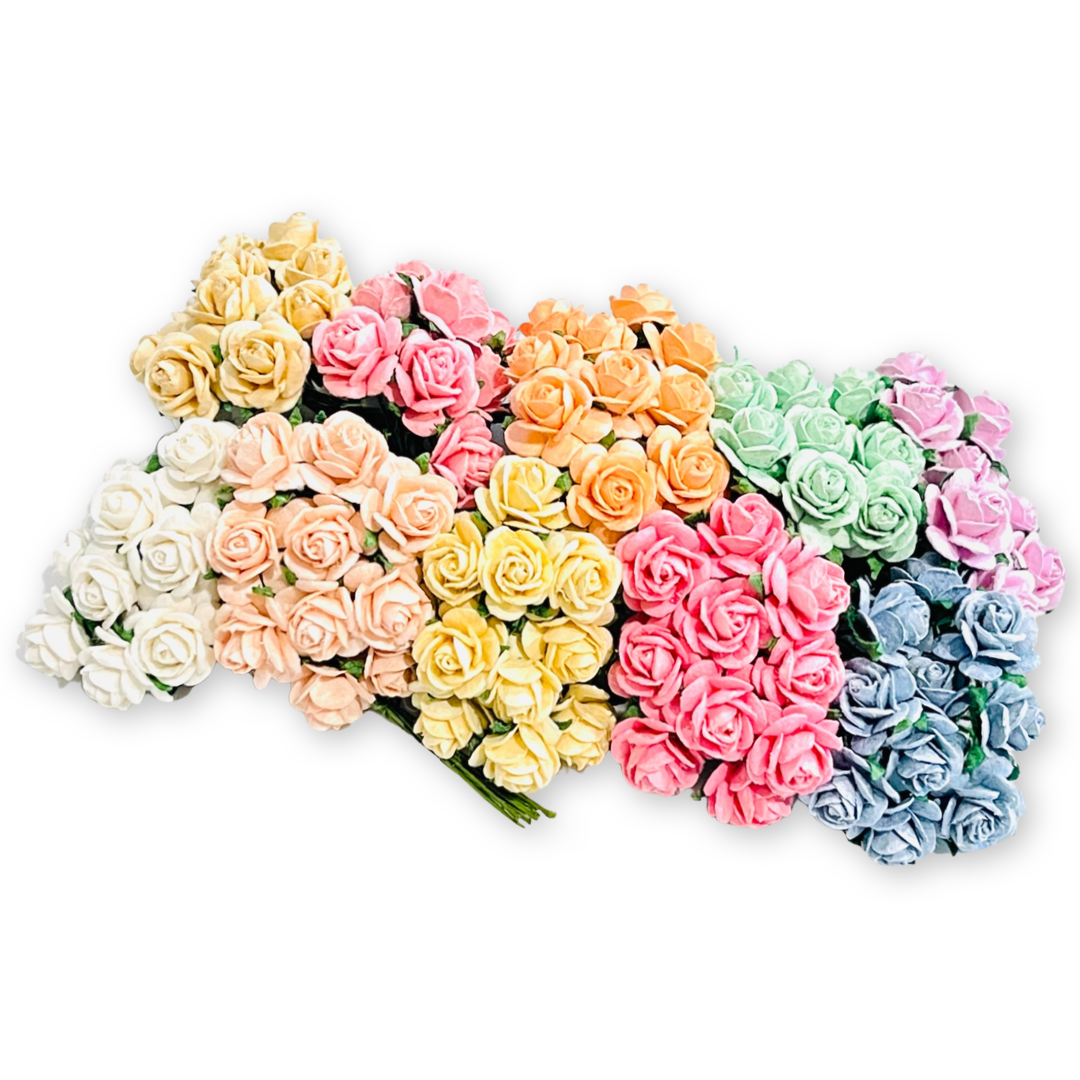 10mm Bulk 100 Pack Mixed Pastel Mulberry Paper Open Roses (10 stems per colour)