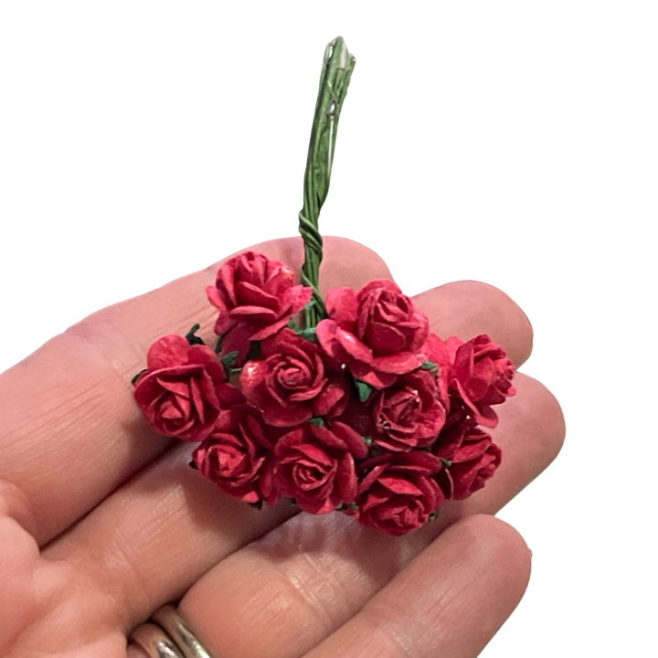 10 Pcs / 100 Pcs Mulberry Paper Flowers - 1cm Rounded Petal Roses - Ruby Red