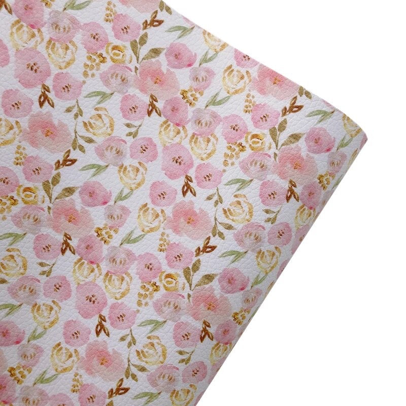 Pink and Gold Roses Floral Print Faux Leatherette Sheet