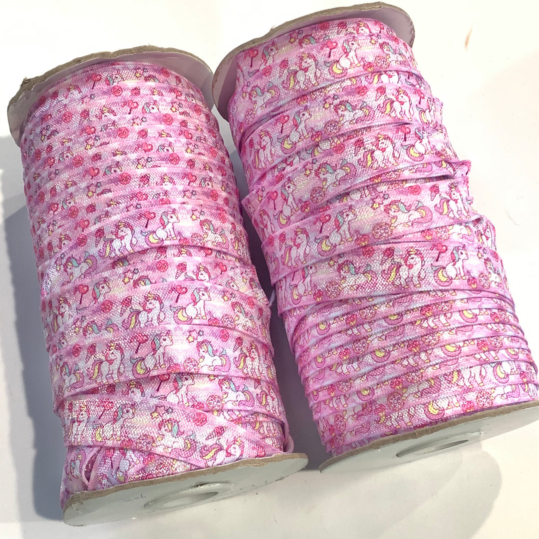 5 Yards Pink Rainbow Unicorn Foldover Elastic Headbands