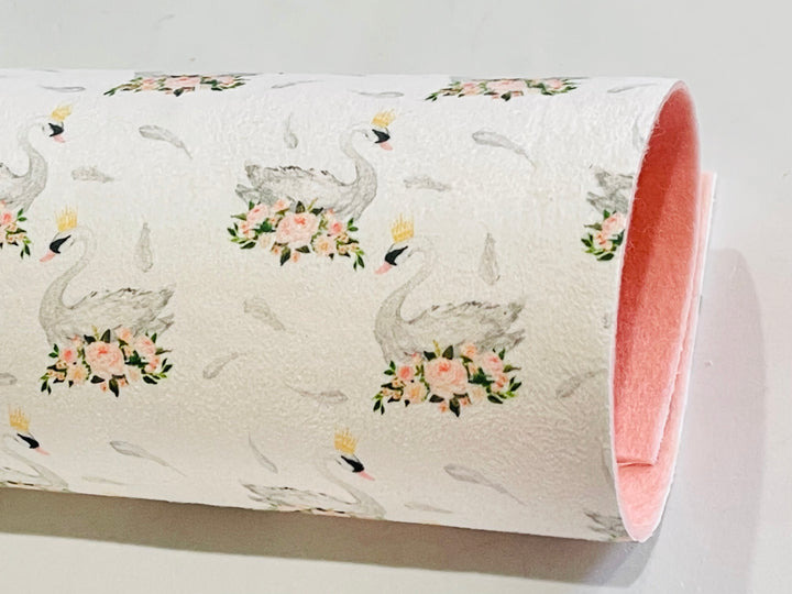 Floral Swans with Pink Roses Suede Felt Fabric