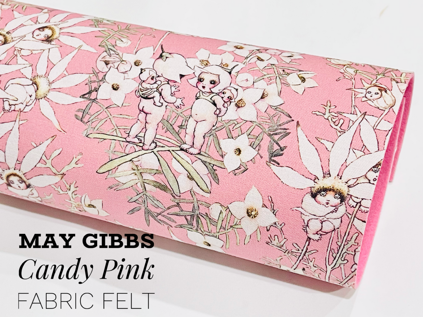 May Gibbs Candy Pink Flannel Flowers Fabric Felt -  Backed in Merino Pure Wool Felt