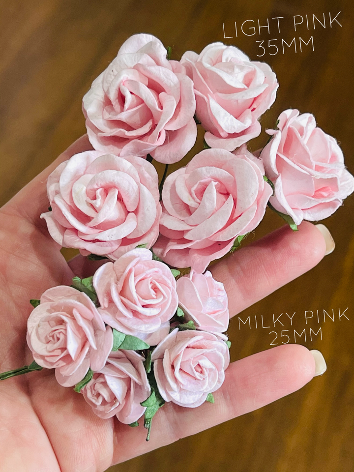 5 Pcs - Mulberry Paper Flowers - 2.5cm Rounded Petal Roses - Milky Pink (Light Pink)