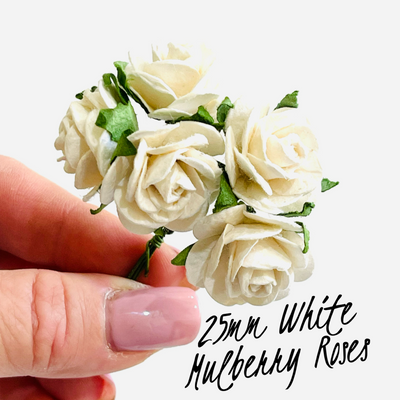 10pcs Mulberry Paper Flowers - 2.5cm Rounded Petal Roses - White